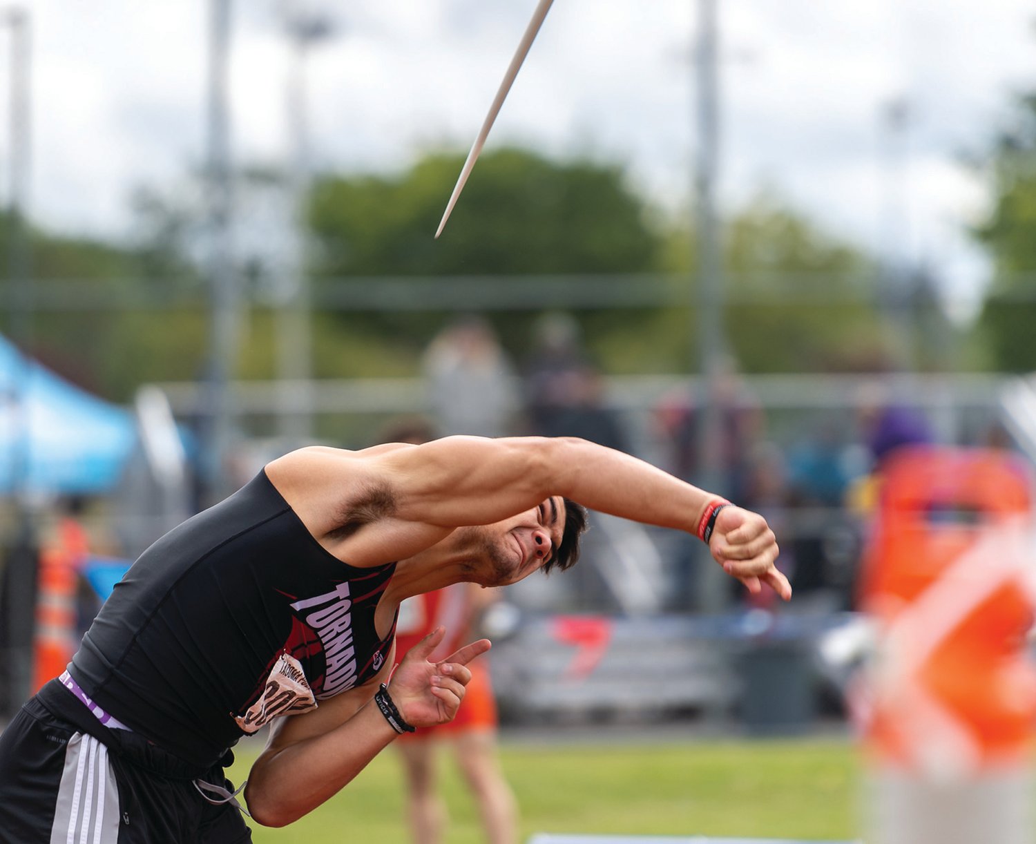 Yelm's Brayden Plant launches an attempt in the 3A Boys Javelin at the 4A/3A/2A State Track and Field Championships on Friday, May 27, 2022, at Mount Tahoma High School in Tacoma. (Joshua Hart/For The Chronicle)